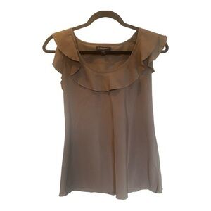 Women’s 100% Polyester Brown Ruffle‎ Neck Short Sleeve Top